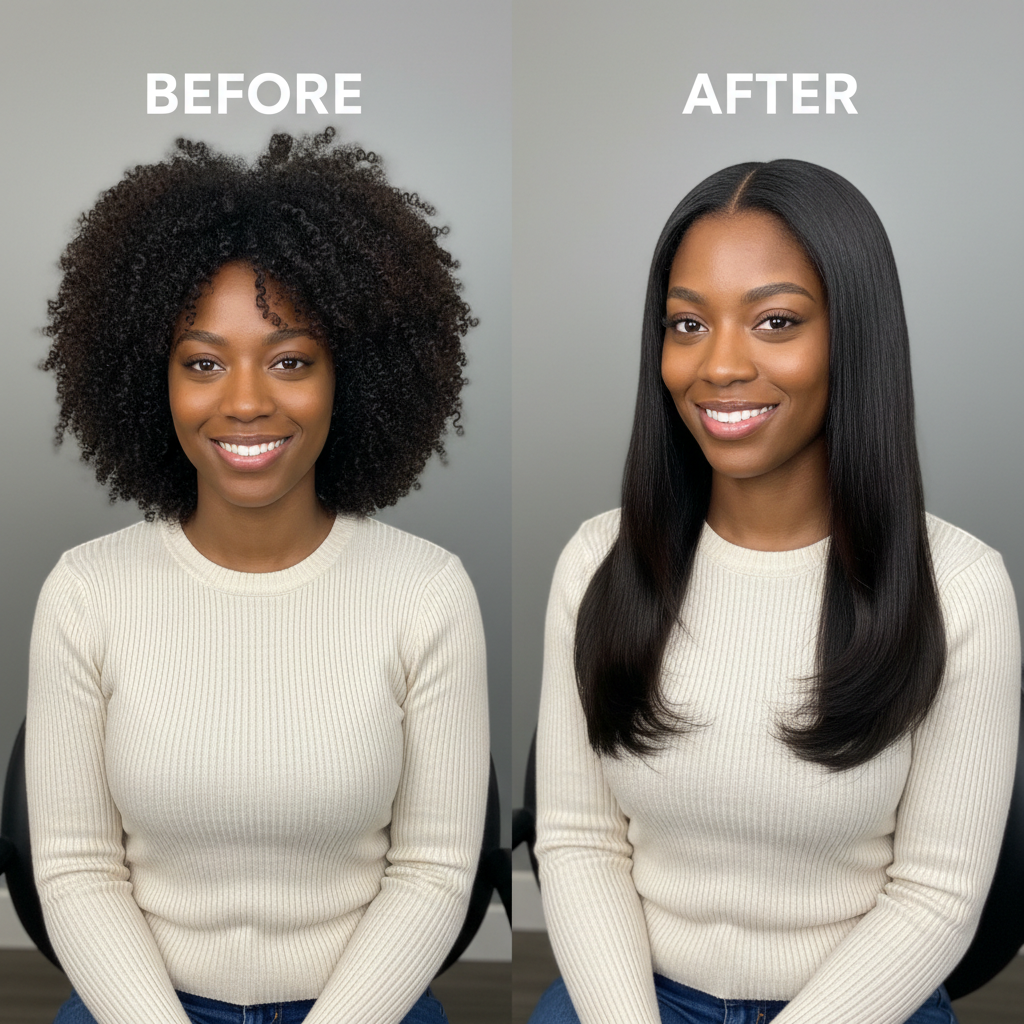 After – sleek silk press transformation, shiny healthy hair